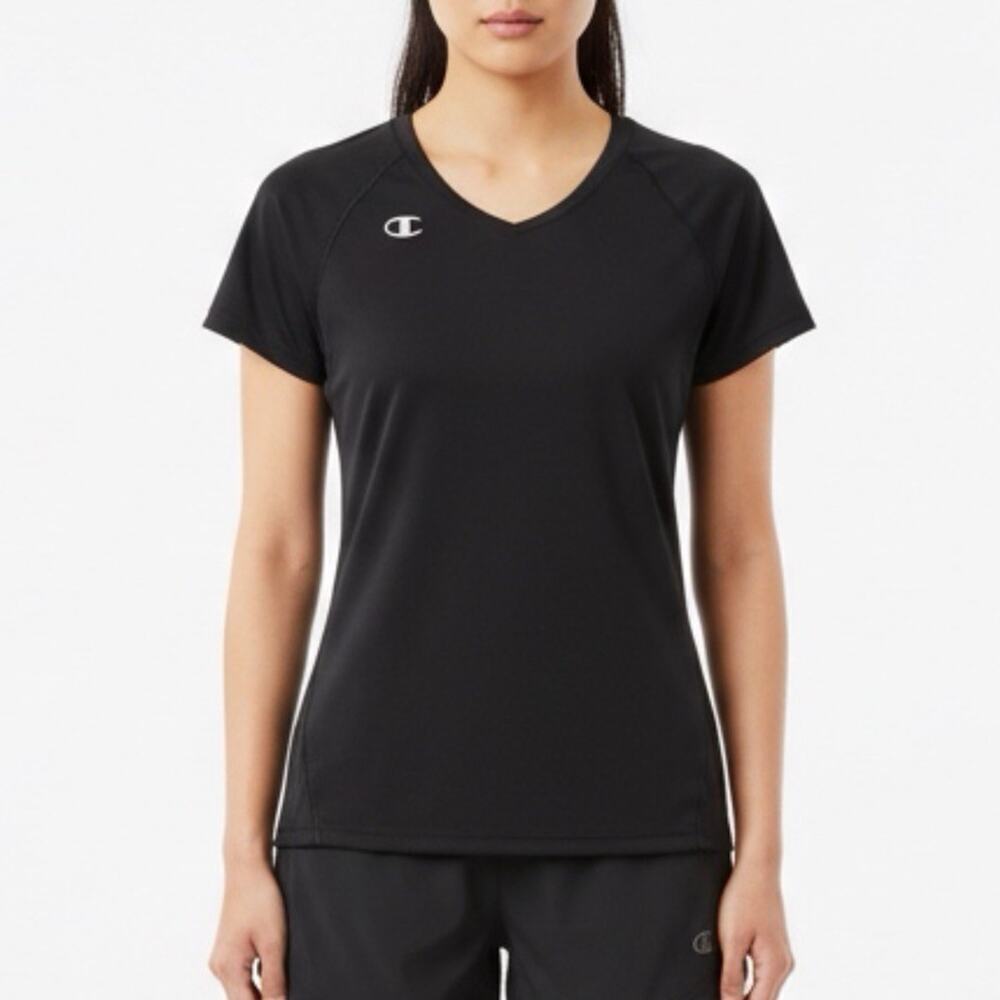 Champion Women's Double Dry Shirt XS V-Neck Short Sleeve Black Top NWOT L327
